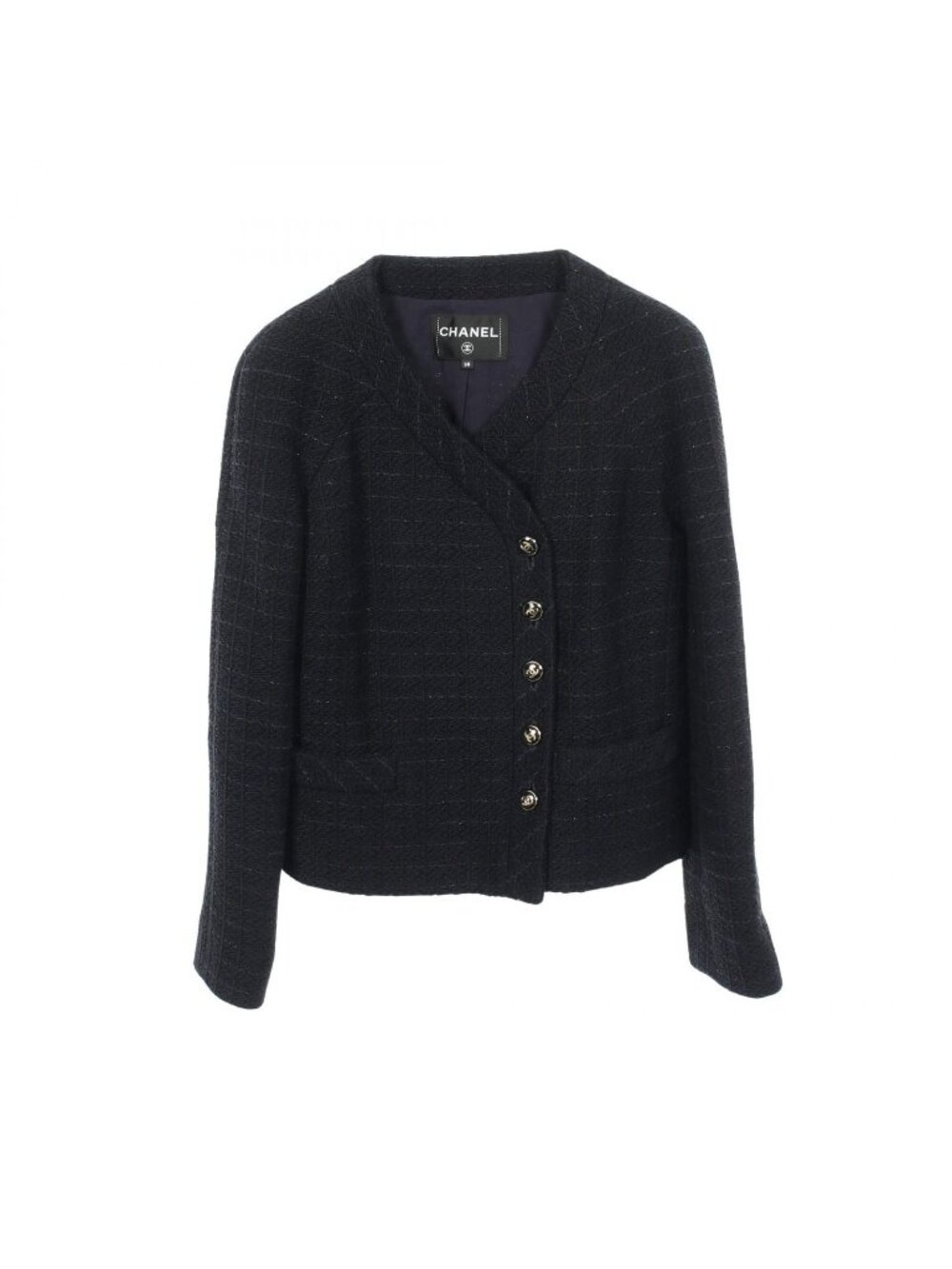 Chanel Collarless Jacket CC Logo Button Double Breasted Tweed Cotton